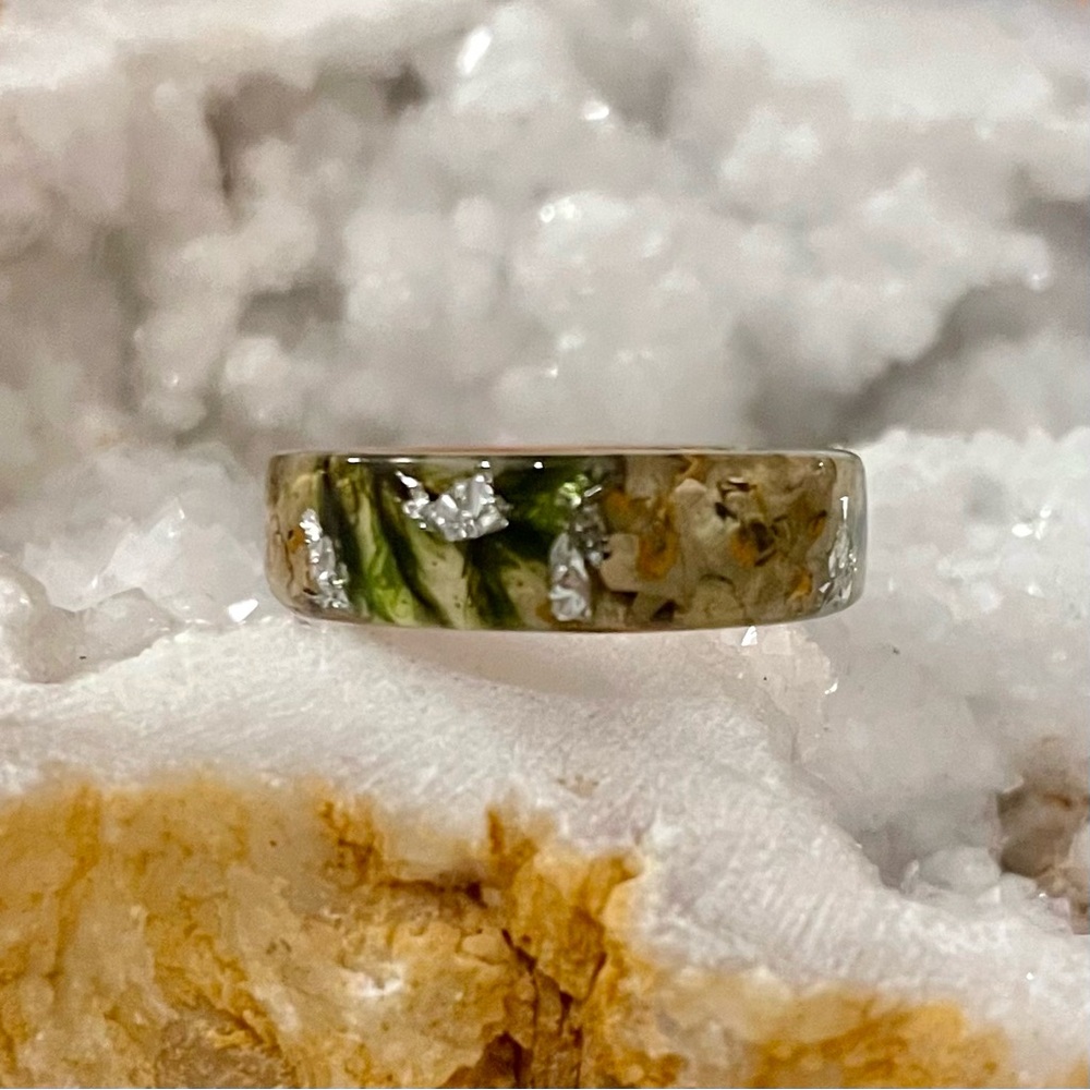 Bohemian Ring made with birch, tree bark, forest moss and gold flakes Size 6
